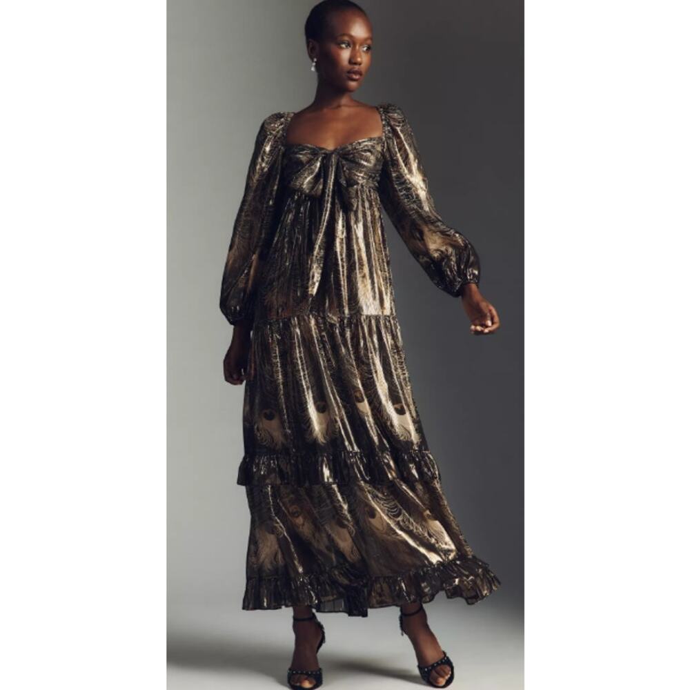 By Anthropologie Metallic Long-Sleeve Babydoll Midi Dress S NWT $268